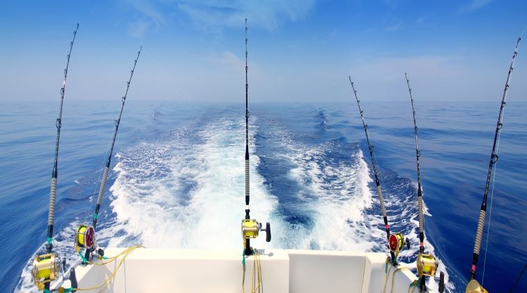 6 large ocean fishing poles hung to the back of a charter boat traveling fast in large open water, ocean or sea.