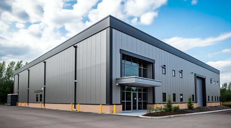An angled view of a large gray industrial warehouse with large shiny windows in the front and a large garage door in the back on a sunny day.